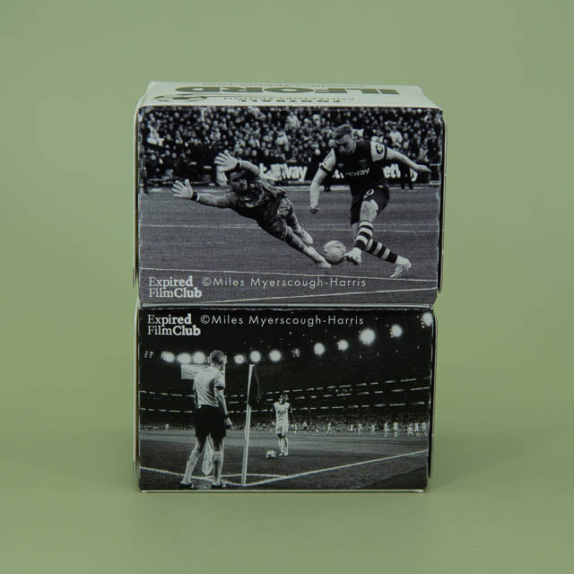 Two black and white photo boxes with sports imagery on a green background