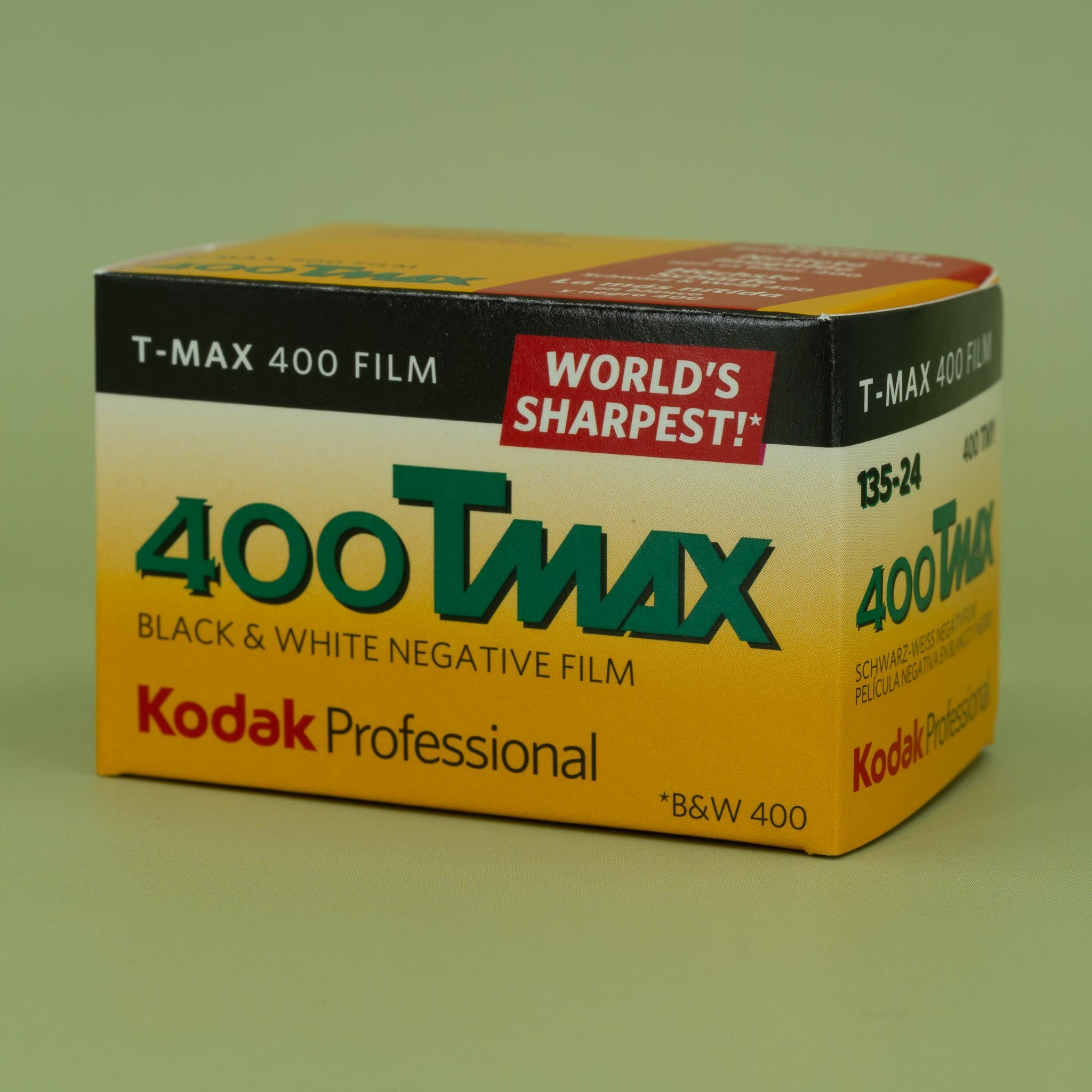 Kodak 400 Tmax black and white 35mm film box on a green background