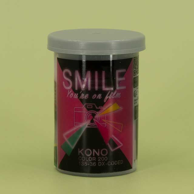 Kono Color 200 film canister with 'Smile, you're on film' text on a green background