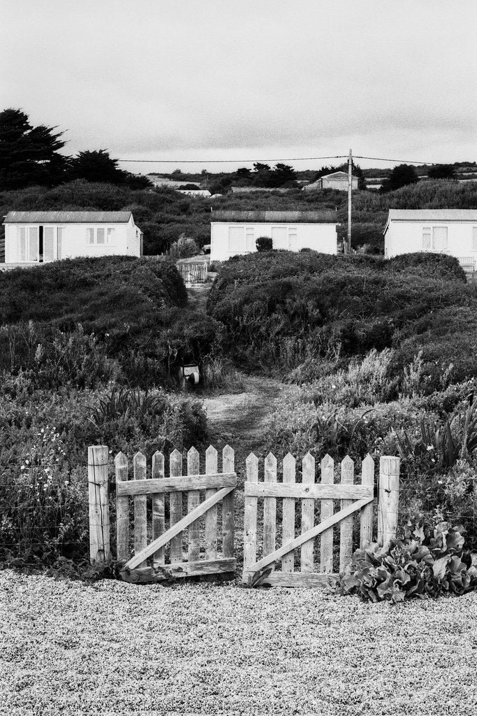 Black and white scene of a wooden gate leading to a path with houses in the background.