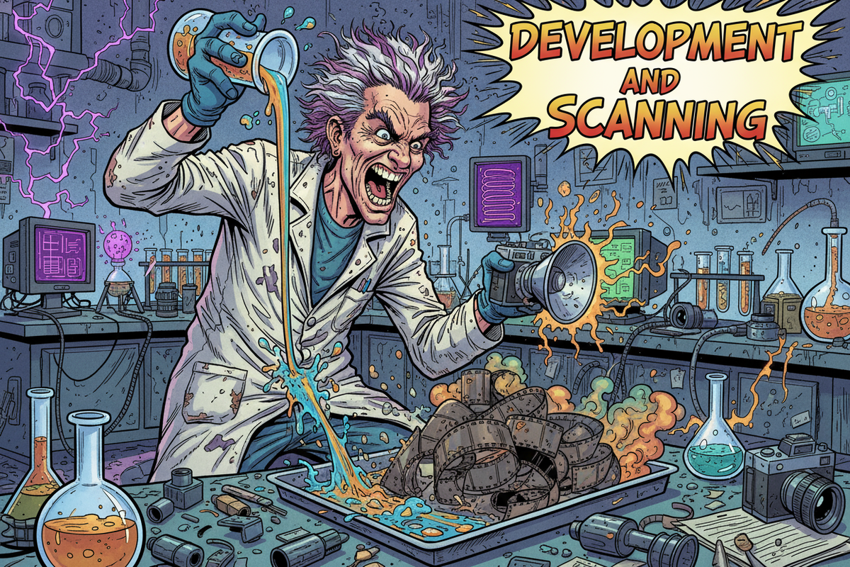 In a comic book style, a mad scientist is in one hand pouring chemicals over a pile of 35mm film, whilst in the other hand shooting a roll of film on a table. Text should say 'Development and scanning'
