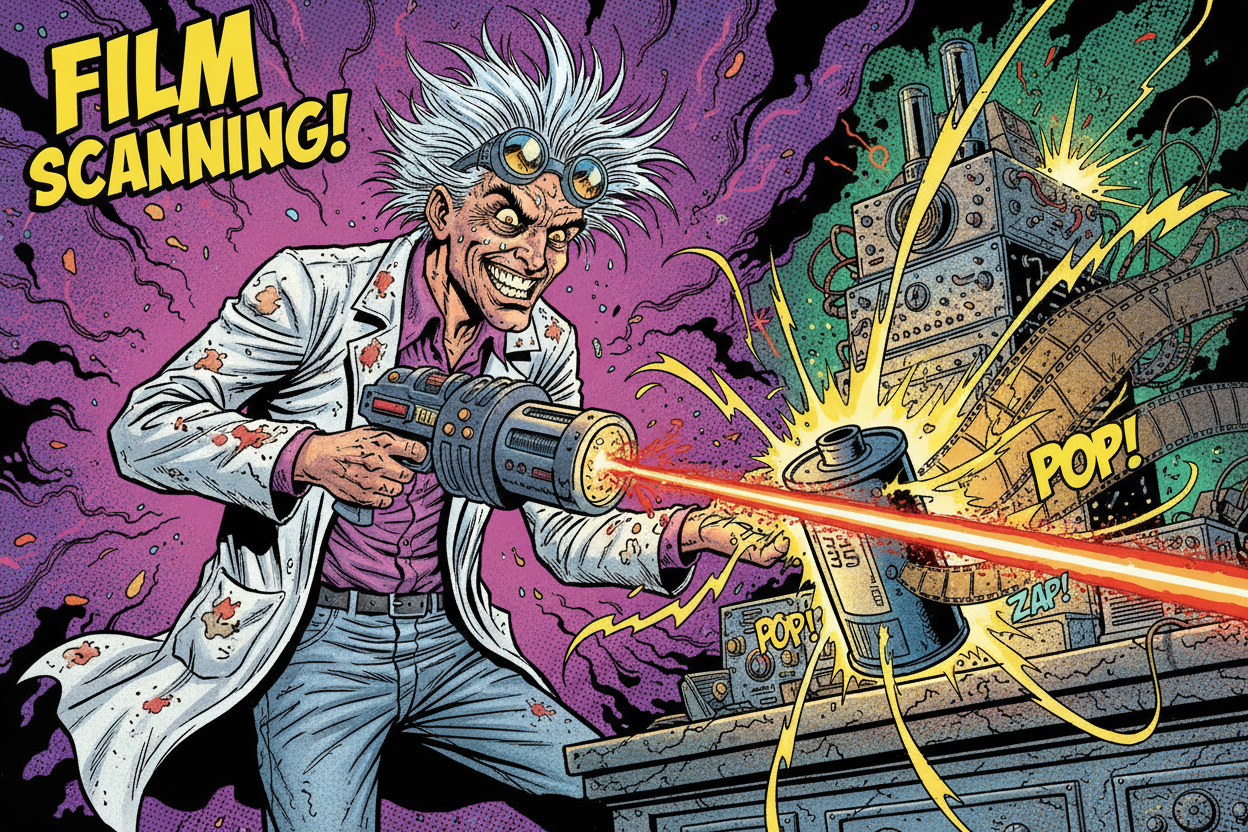 In the style of a comic book, a mad scientist is shooting a roll of 35mm film on a table with a laser which is causing the roll of film to start to grow. Text should say 'Film Scanning'